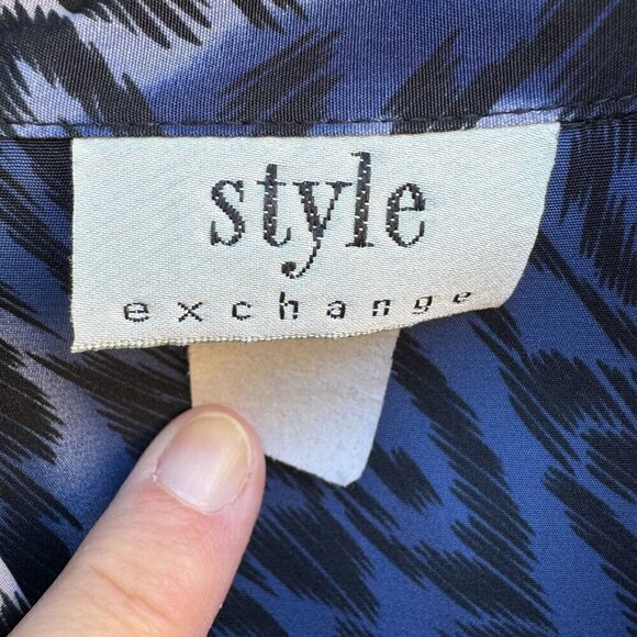 Style Exchange Vintage 90s Womens Blue Black Leopard Print Button-Down Blouse M - Picture 6 of 11